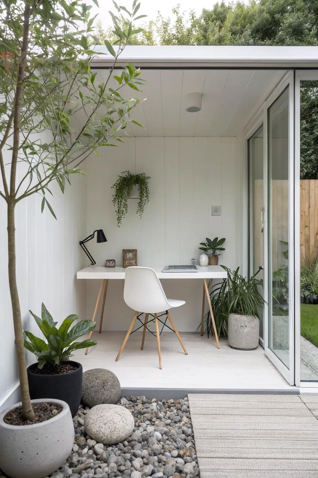 An uncluttered, minimalist garden office.