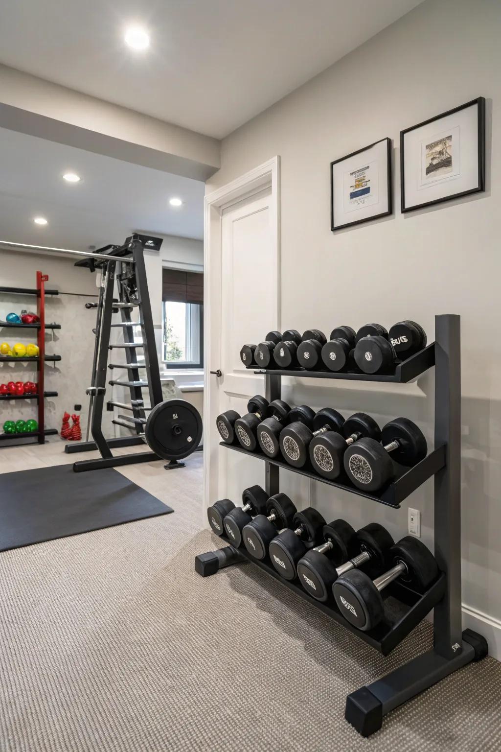 A storage rack for free weights keeps your small gym organized and neat.