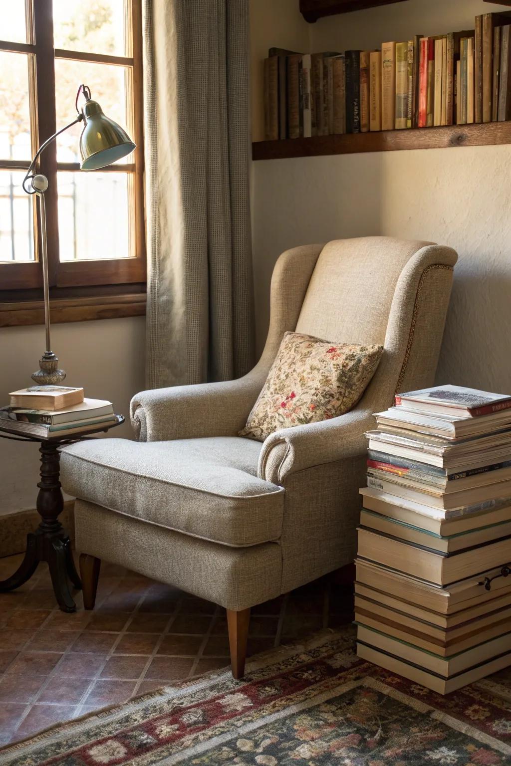 Inviting seating establishes an idyllic environment for absorbed reading.