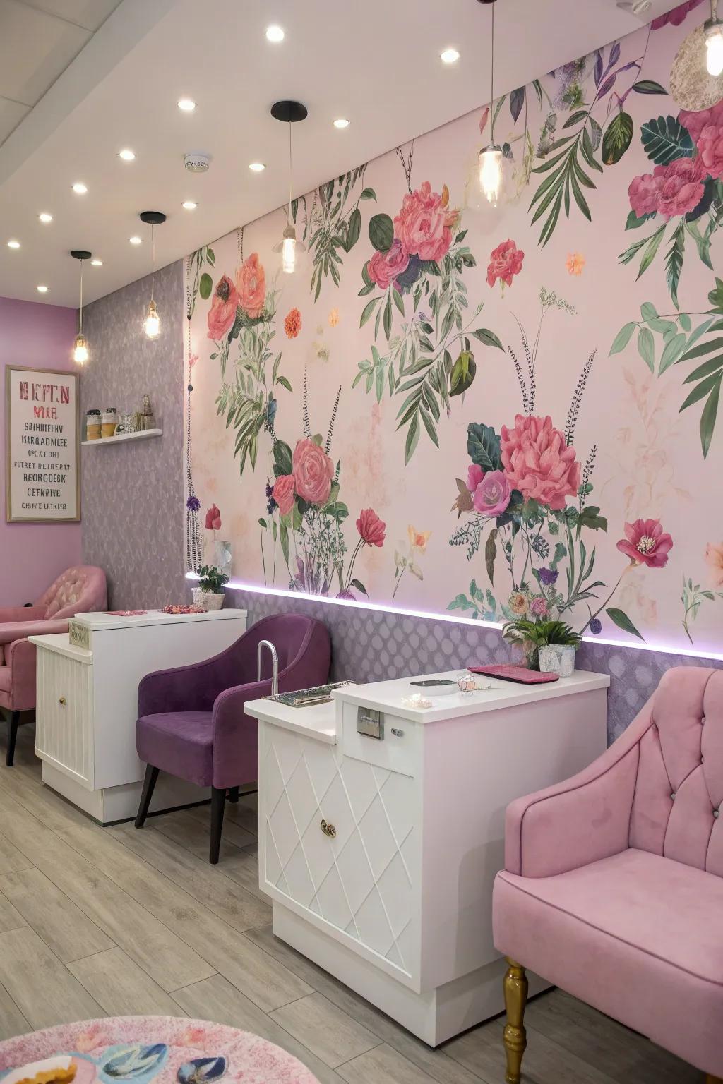 Striking wallpaper energizes the area.