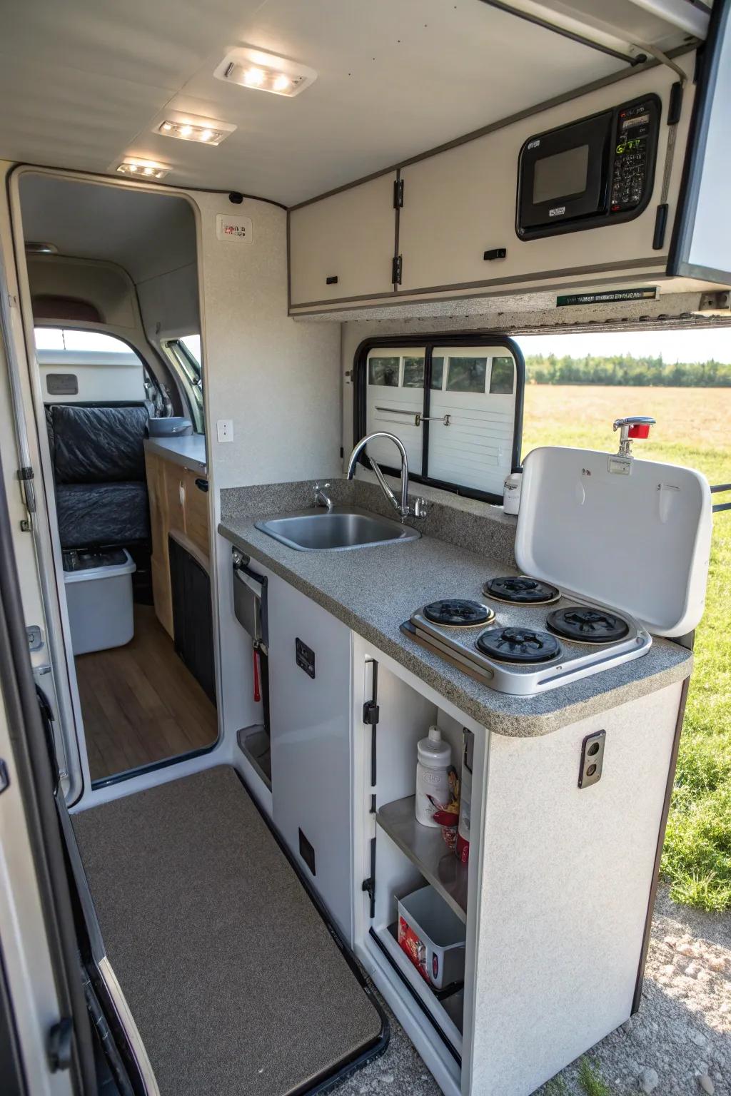 A compact kitchen space for trouble-free meal preparation during travels.