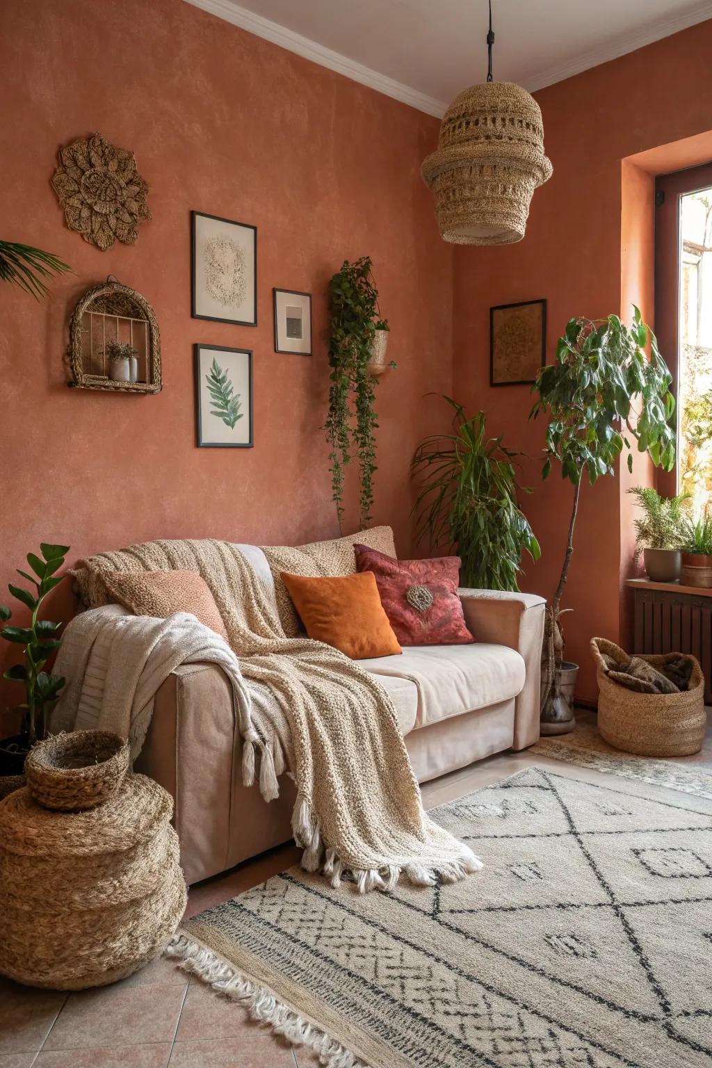 A small living room using terracotta walls that create warmth.