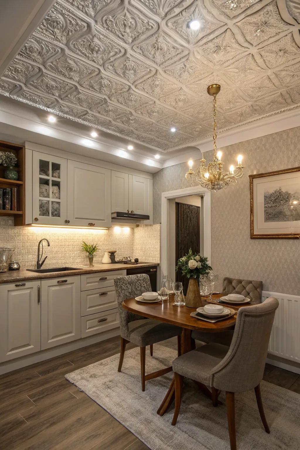 Textured ceiling boards offer an element of sophistication to compact kitchens.