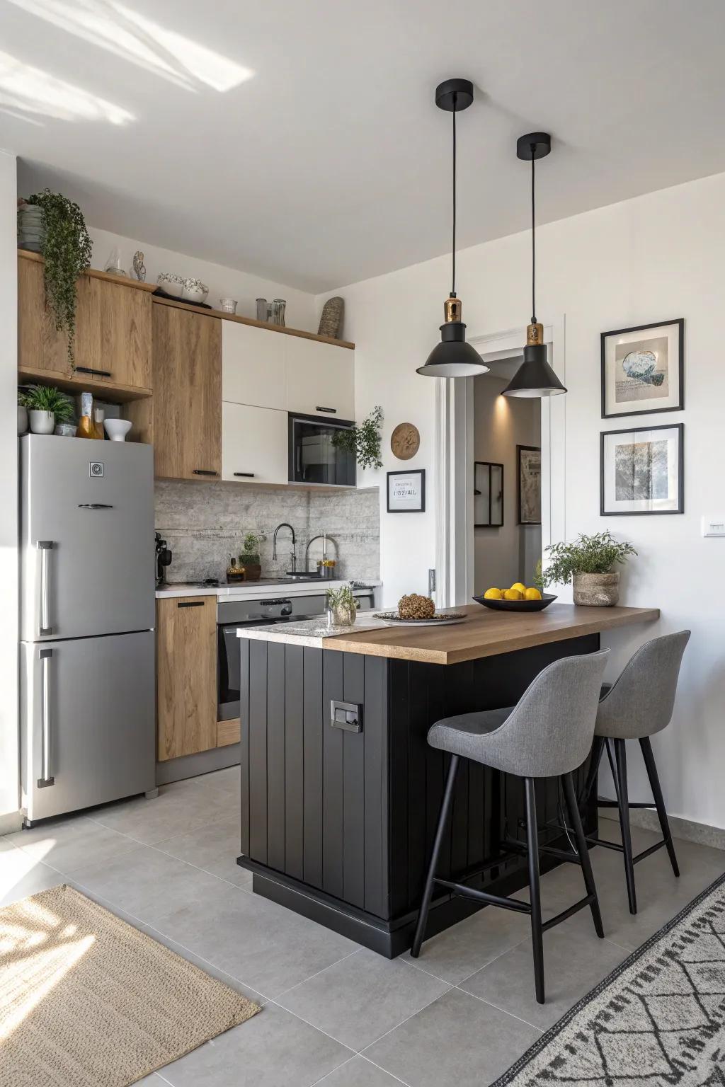 A dark-toned island set against light walls, producing depth and sophistication.
