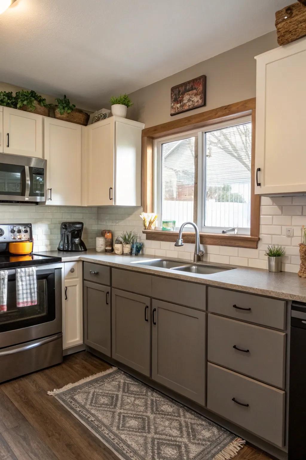 Dual-tone cabinet layouts introduce depth and visual interest.