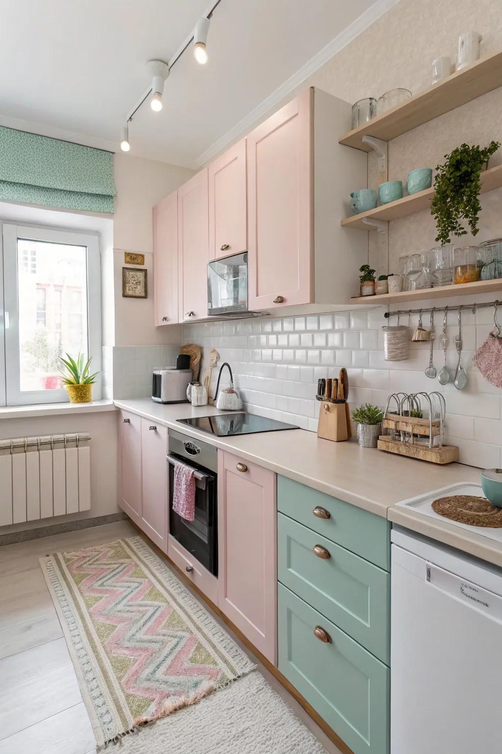 Soft colors foster an airy and expansive atmosphere in compact kitchens.