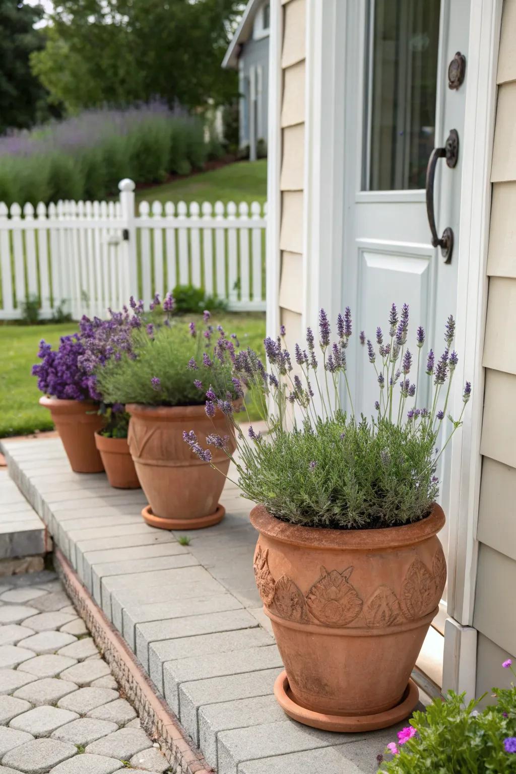 Lavender in containers introduces a hint of elegance to any entry.