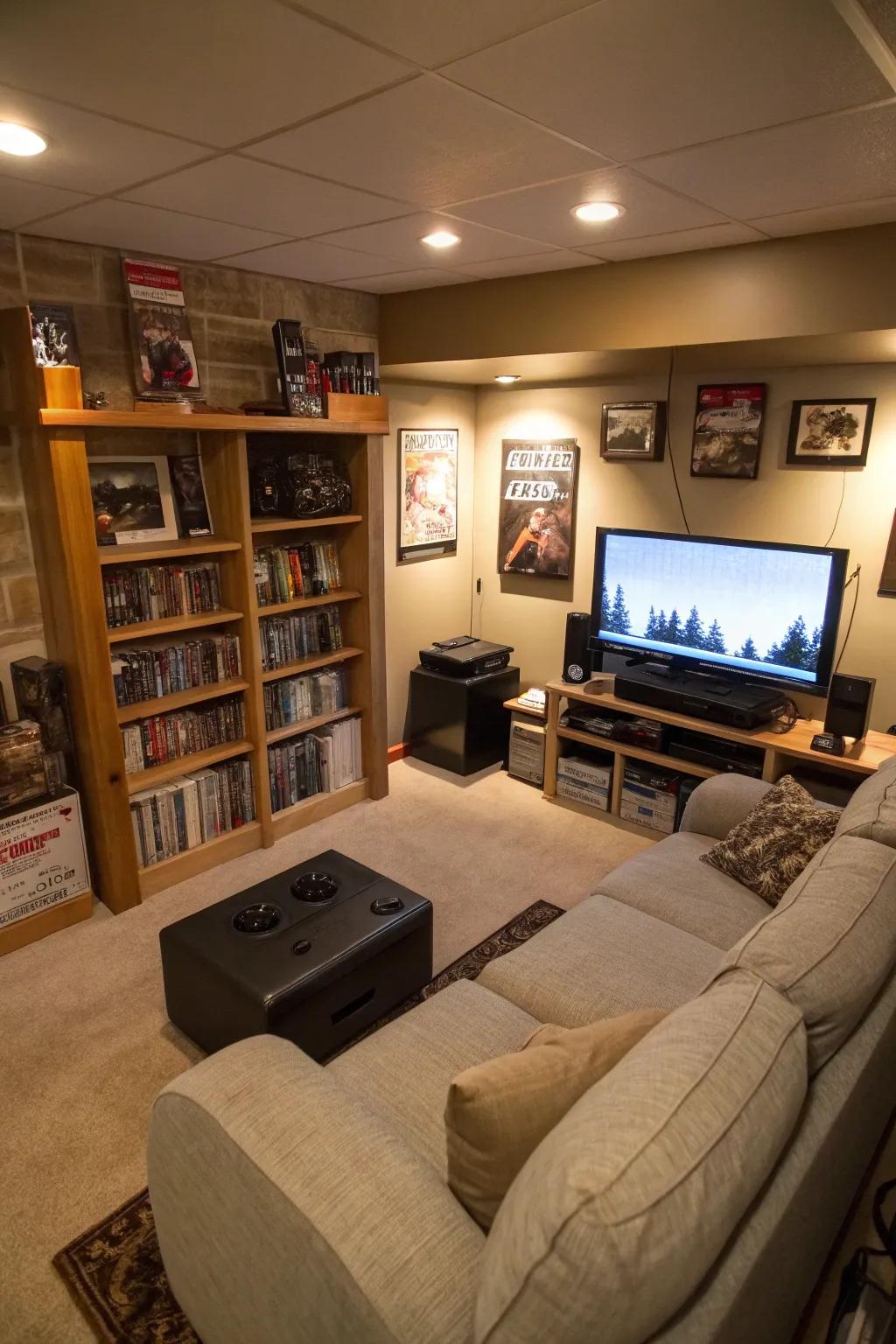An entertainment corner makes good use of space, fitting a TV and game system in smoothly.