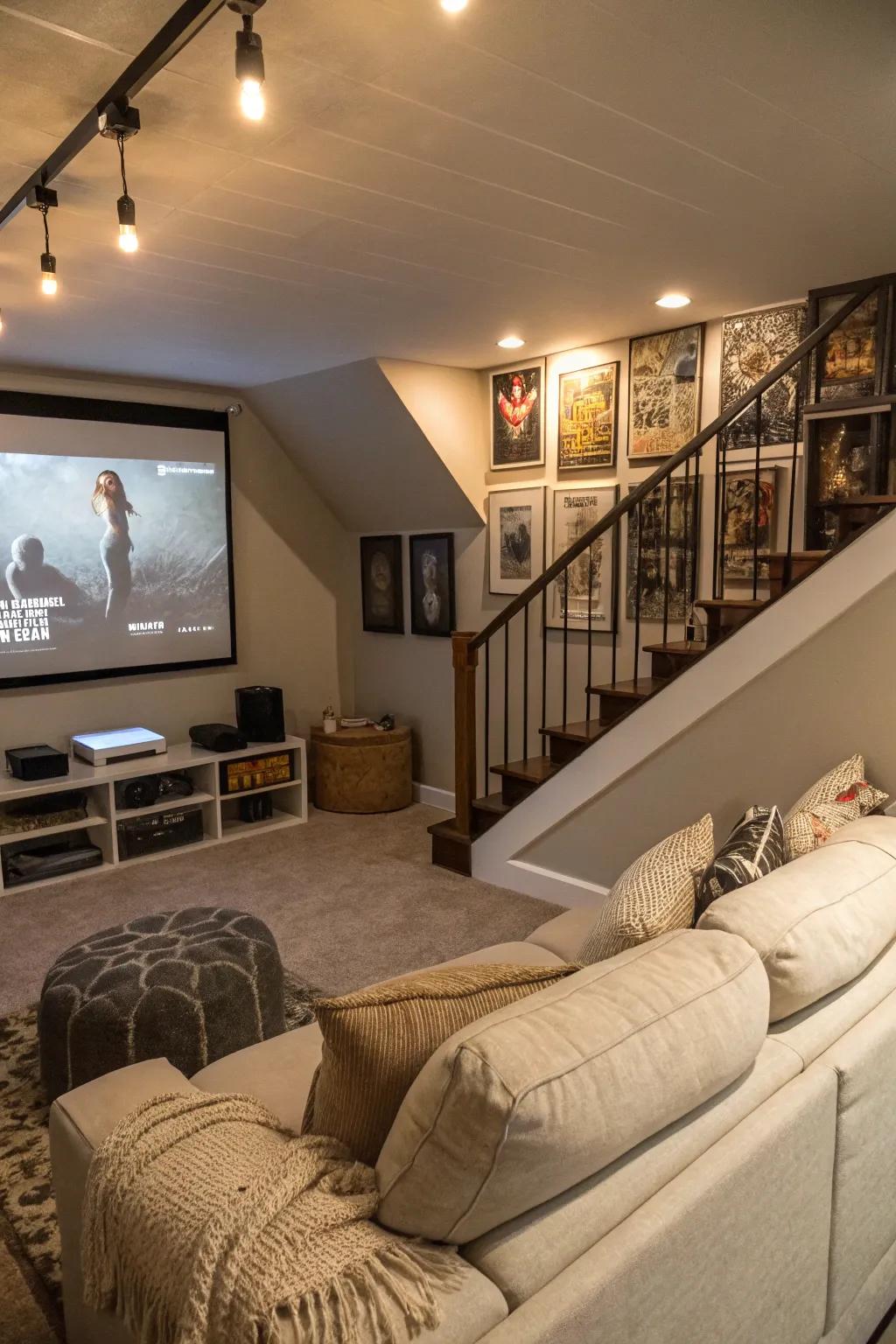 A magical movie room created under the stairs.