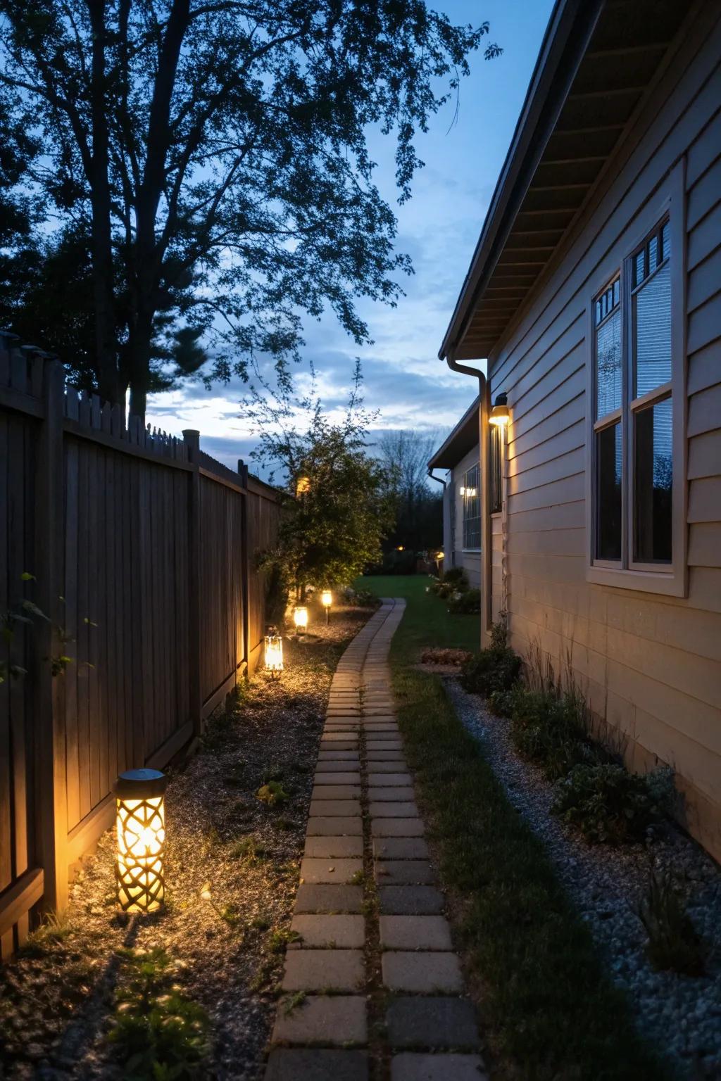 Ambient lighting enhances the appeal and usability of your side yard after dark.