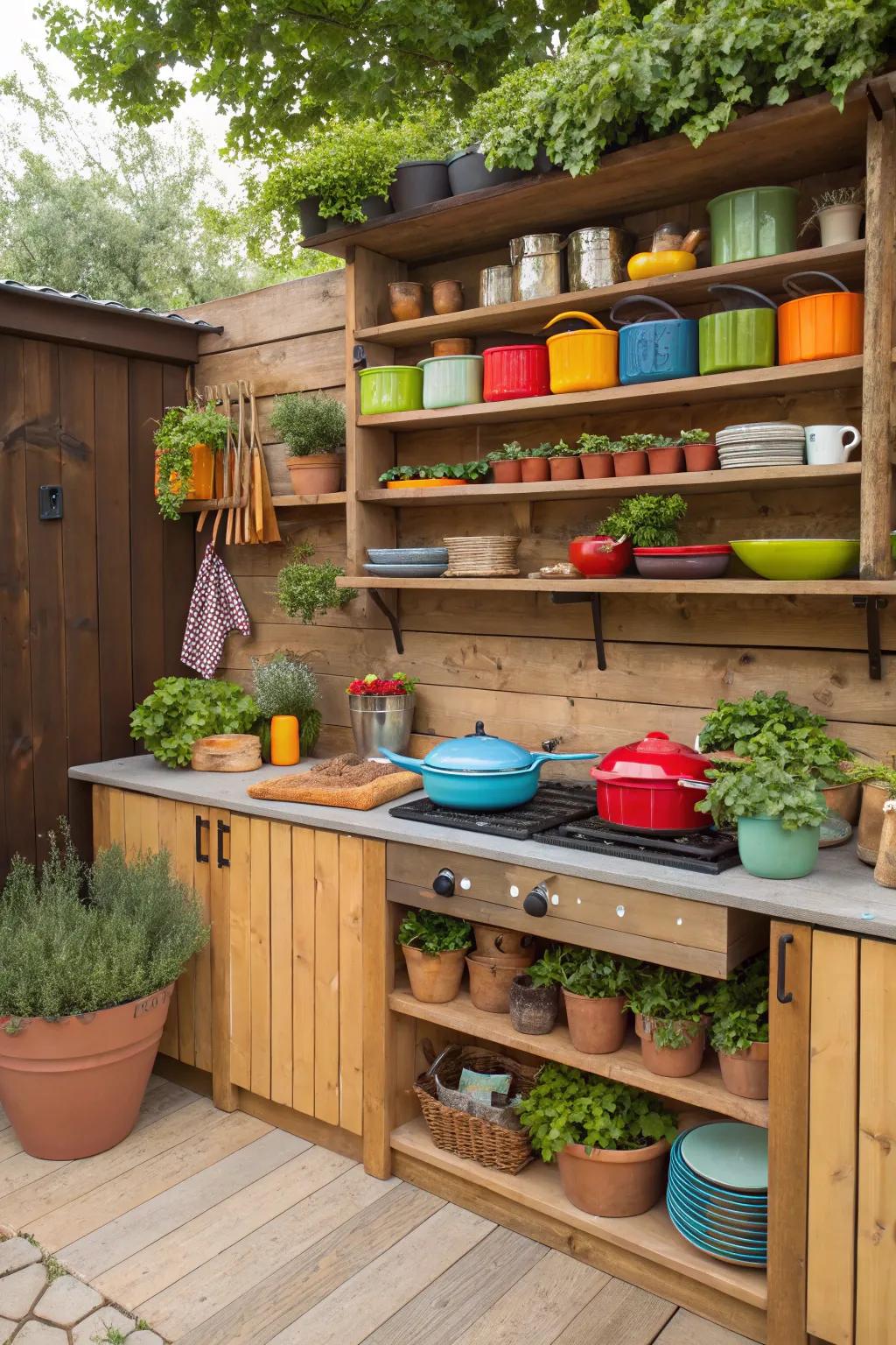 Exposed shelving provides both storage and design.