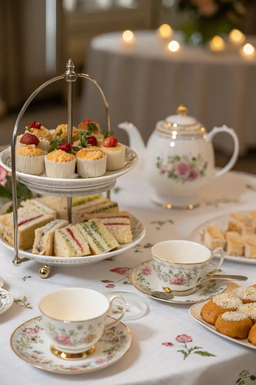 An elegant tea gathering arrangement featuring teacups and a variety of pastries.