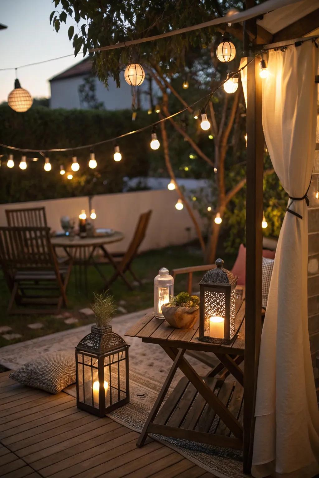 A small patio glowing with decorative lights for a welcoming, cozy ambiance.