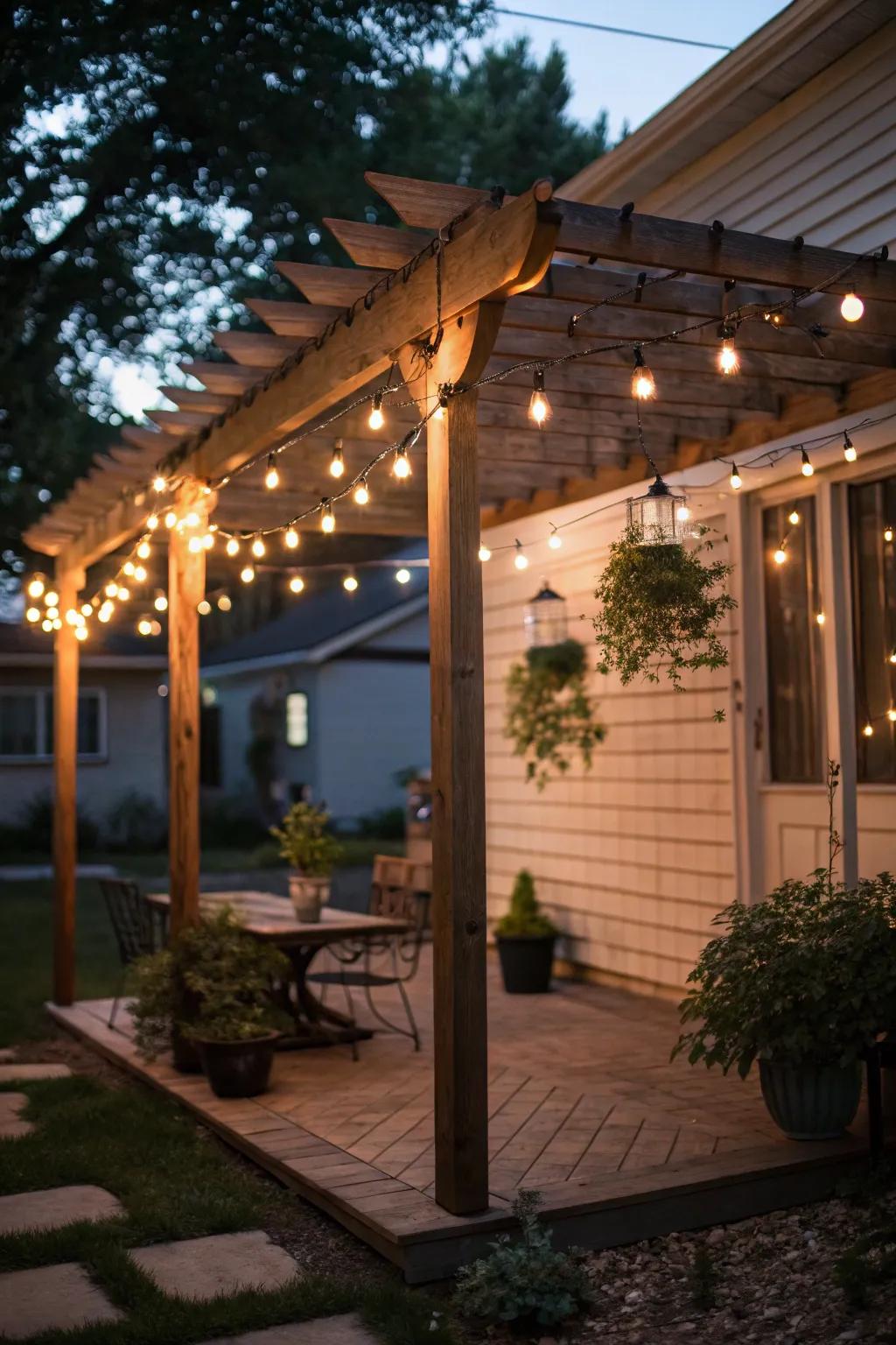 String lights provide a small patio pergola with a warm and welcoming glow.