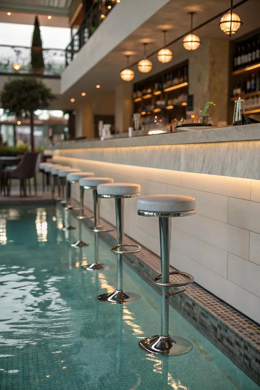 Submerged seating makes a luxurious pool experience possible without leaving the water.