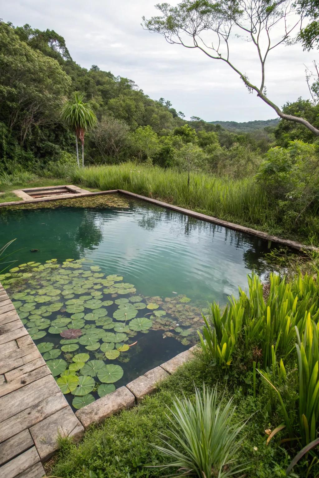A tranquil organic pool kept clean by a drifting marsh setup.