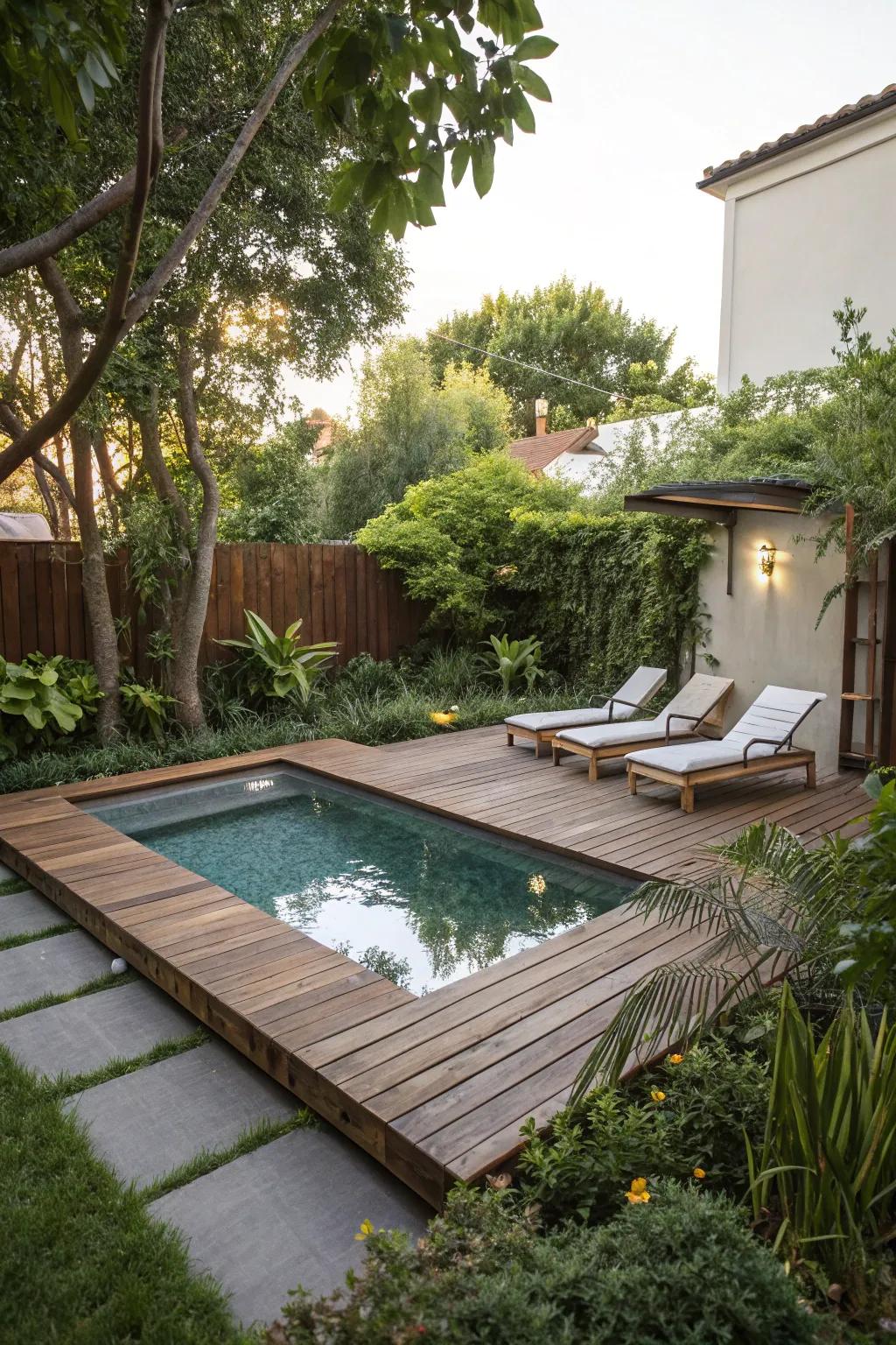 A wood deck blends seamlessly with the pool, enhancing the outdoor living space.