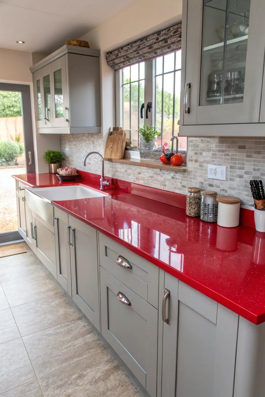 A striking scarlet surface paired with grey cabinets creates a modern appearance.