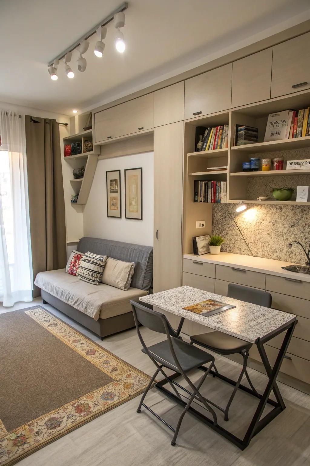 Multipurpose furnishings optimize utility in limited spaces.