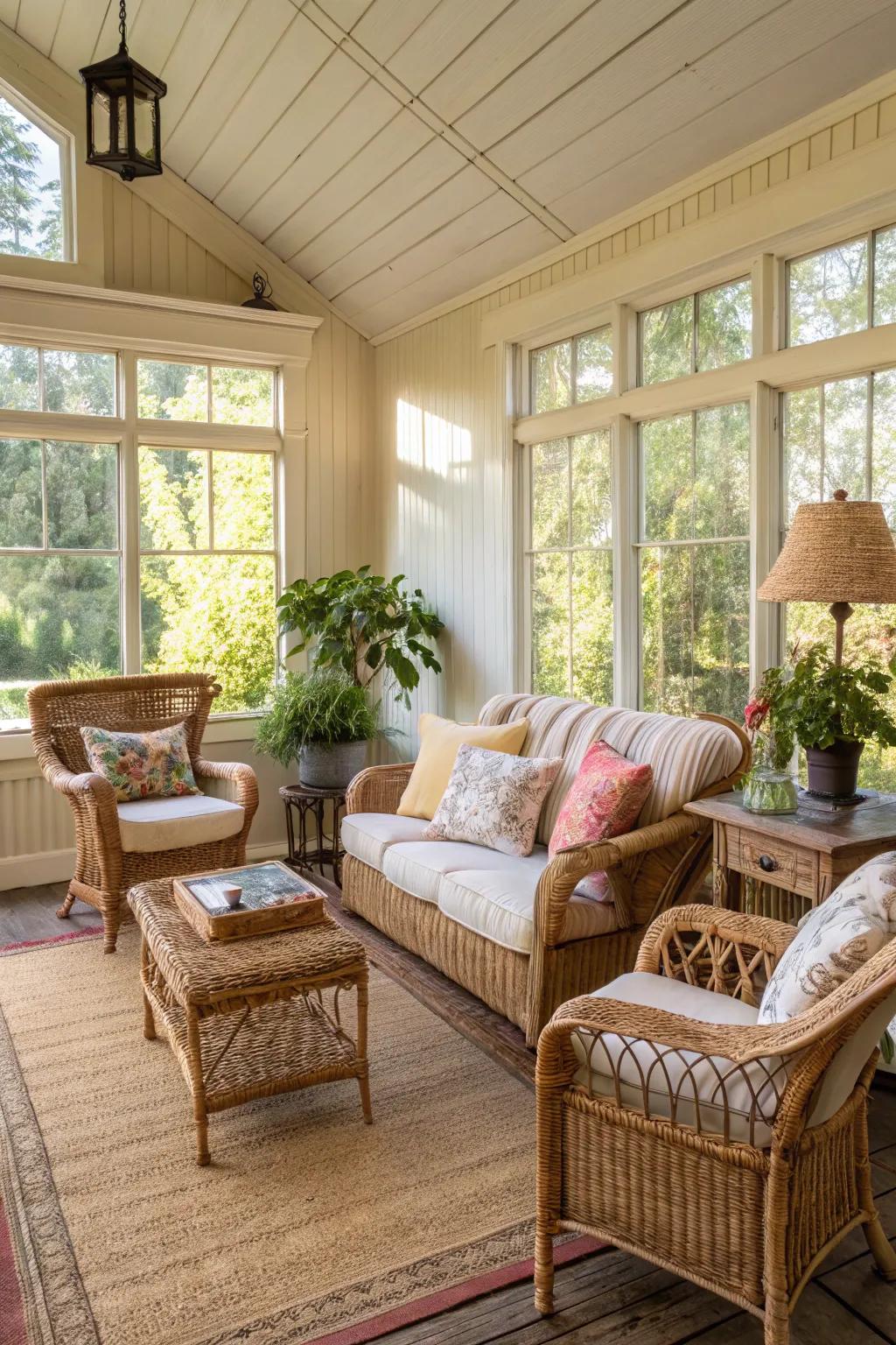 Wicker seating adds a hint of country comfort to this sunroom.