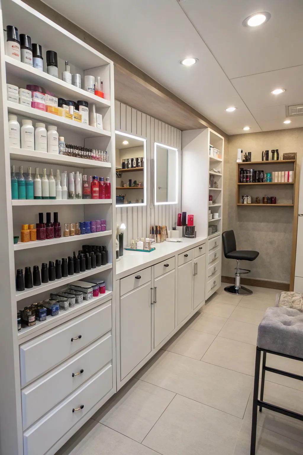 Vertical storage solutions that maintain the salon's organization and openness.