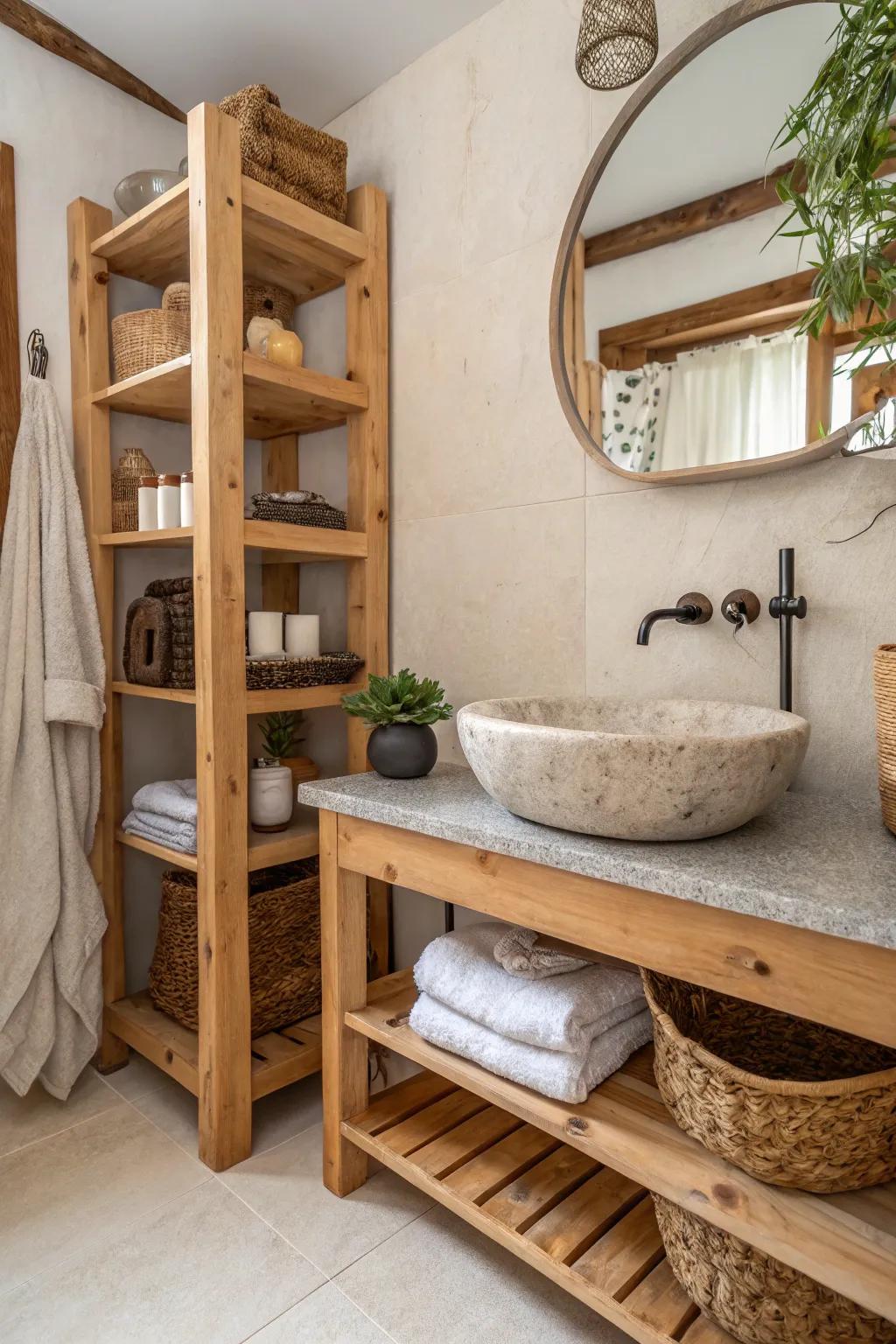 The use of organic materials such as wood and stone introduces warmth and texture.