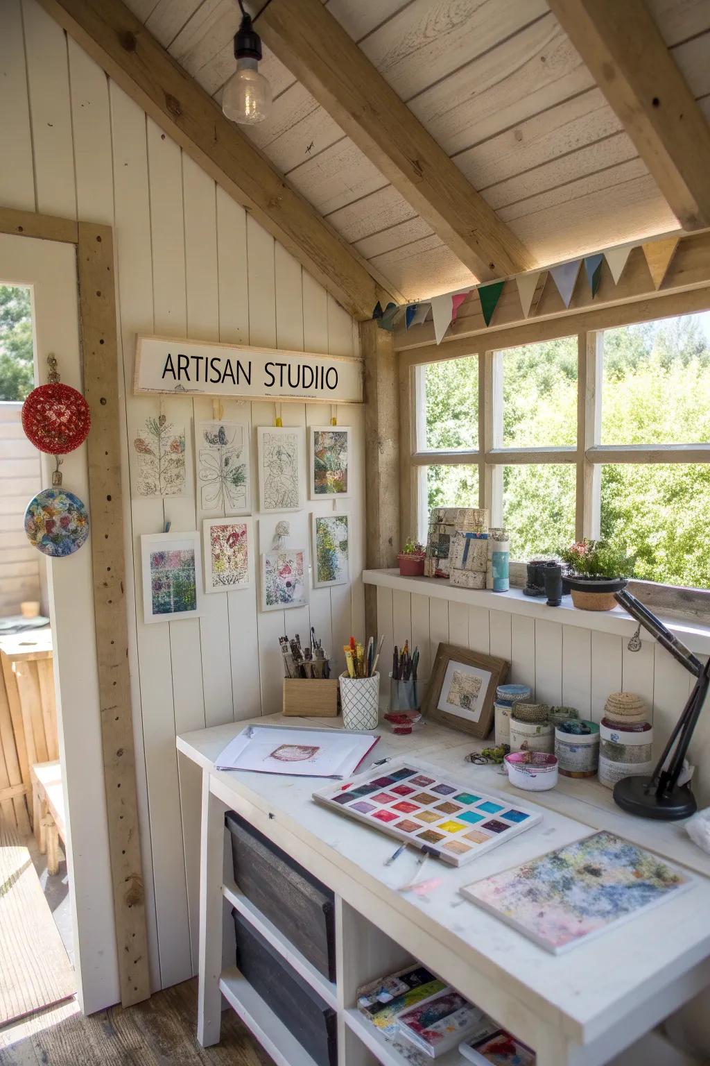 An inspiring creative studio positioned within a small shed.