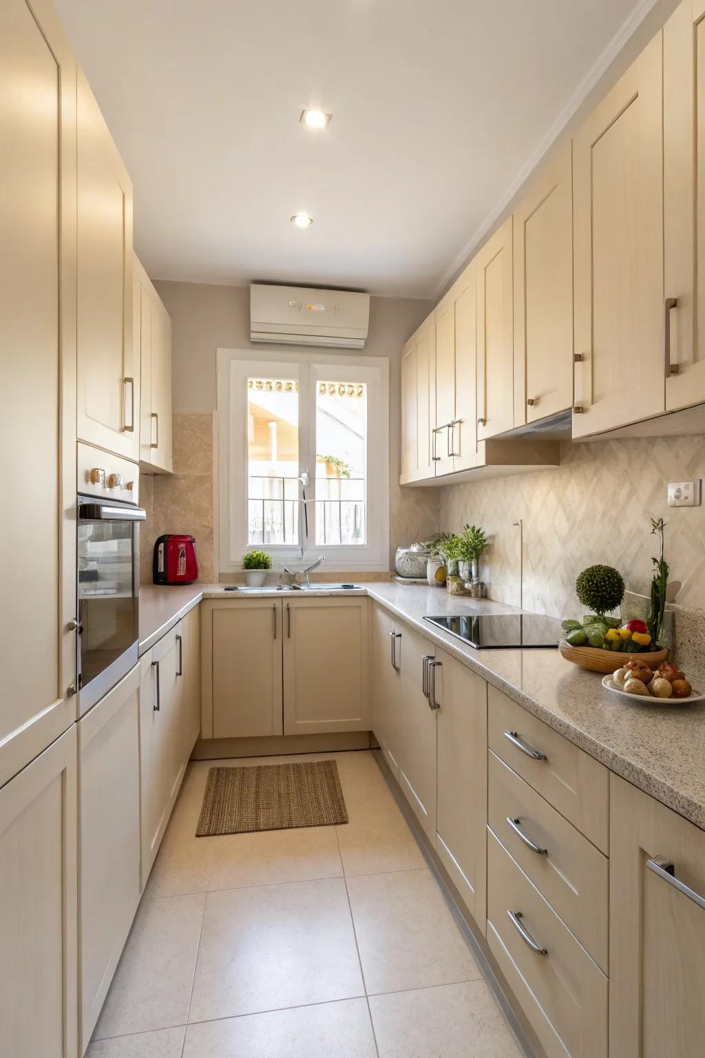 Soft shades foster a bright and roomy atmosphere in a small kitchen.