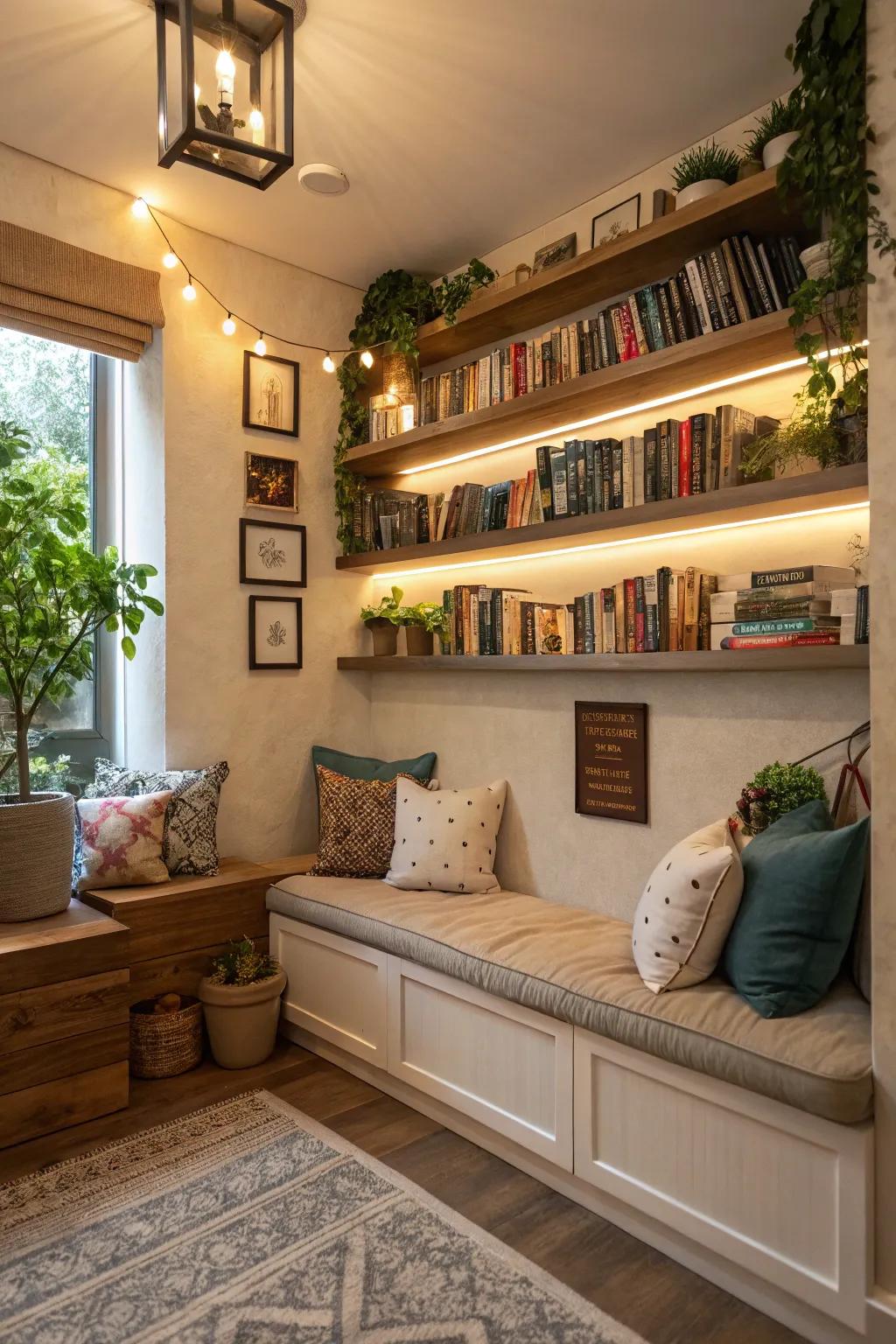 Floating shelves in a snug nook, ideal for showcasing books and decor.