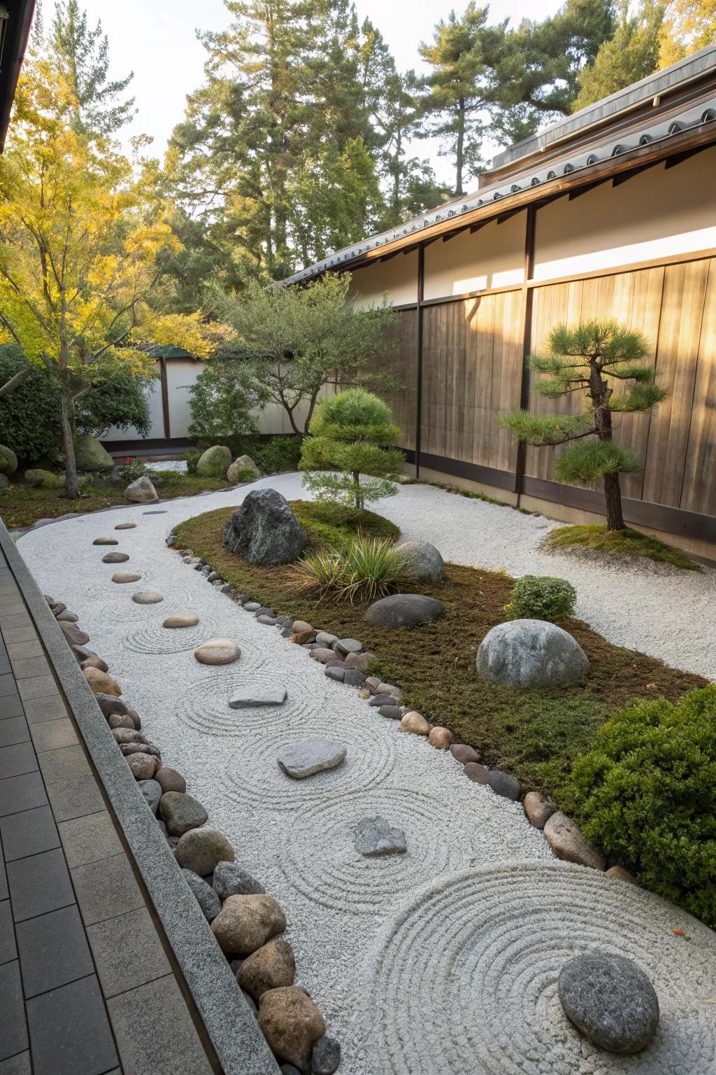 A serene contemplative garden showcasing modest rocks and a placid arrangement.