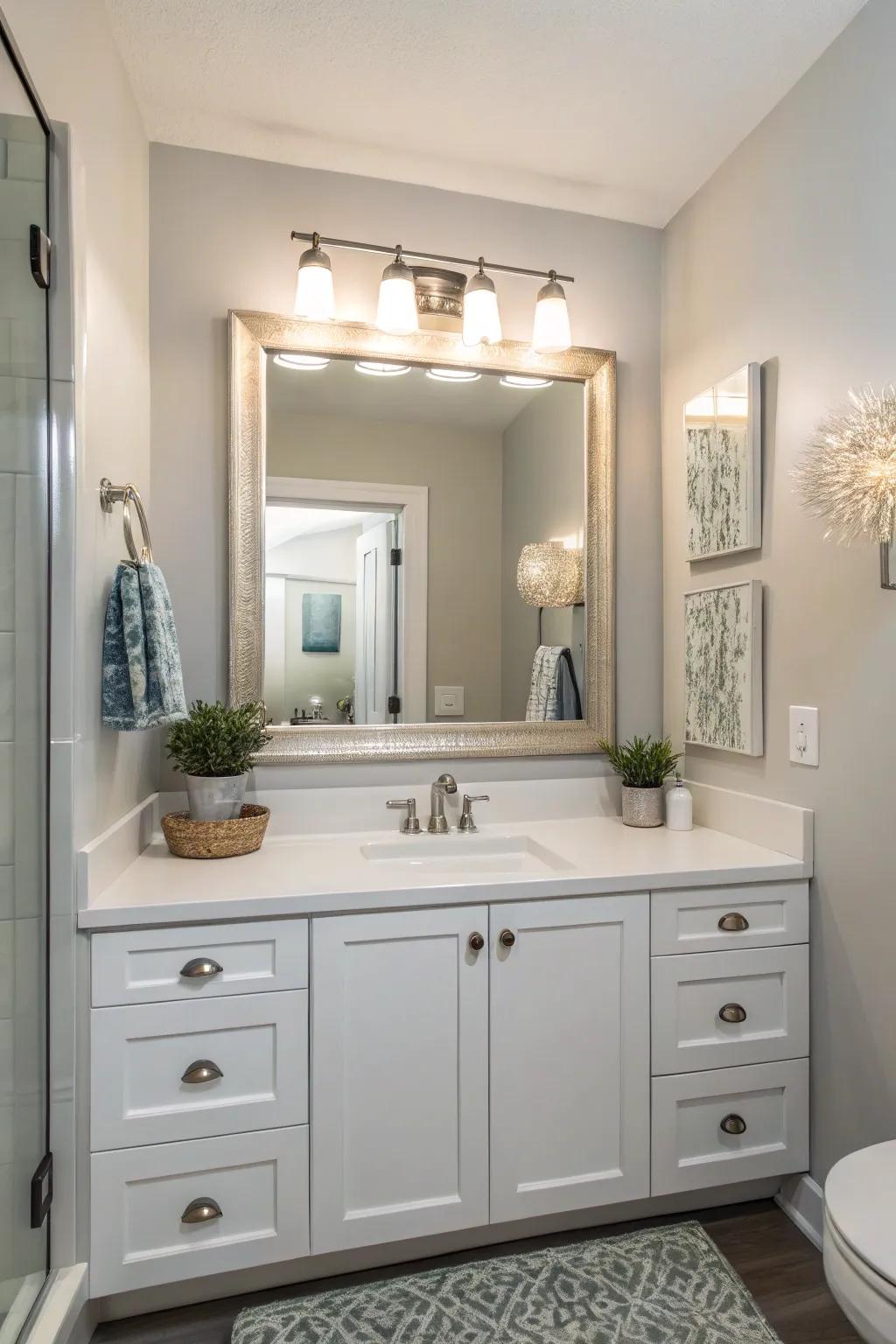 Expansive mirrors increase light and space in compact bathrooms.