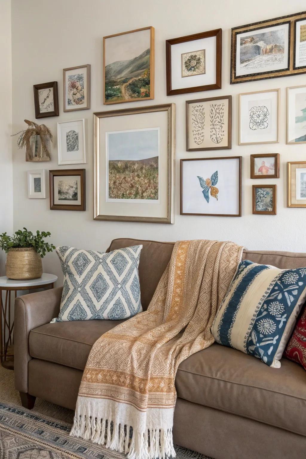 A welcoming living room wall showcasing layered art pieces.