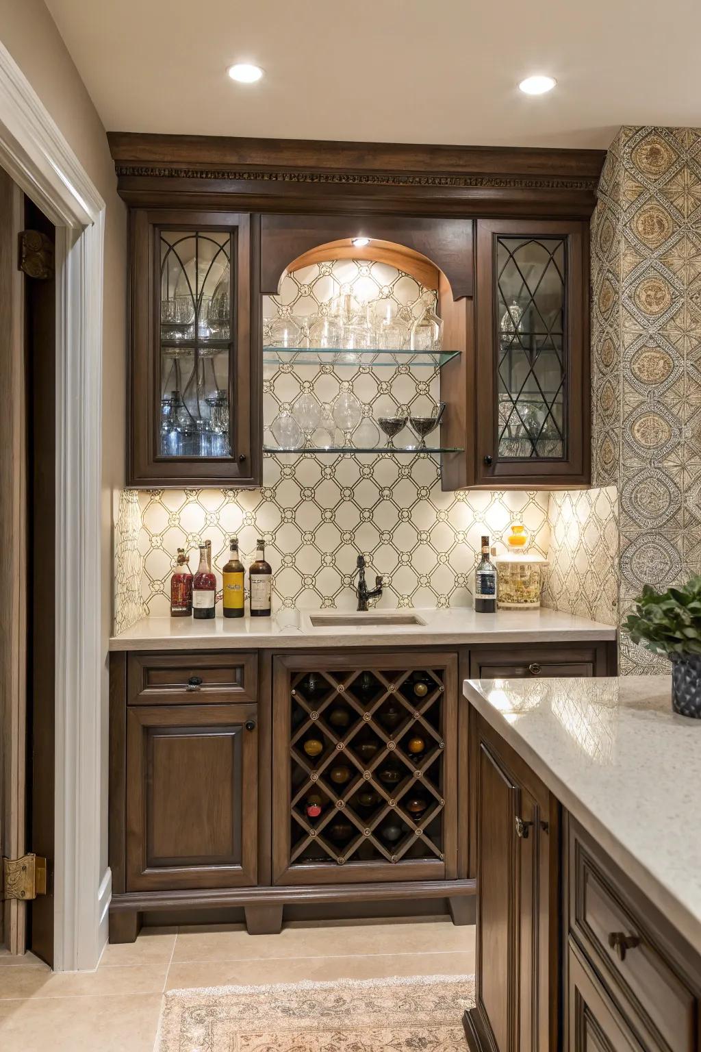 Stylish backsplash tiles add flair to a compact wet bar.