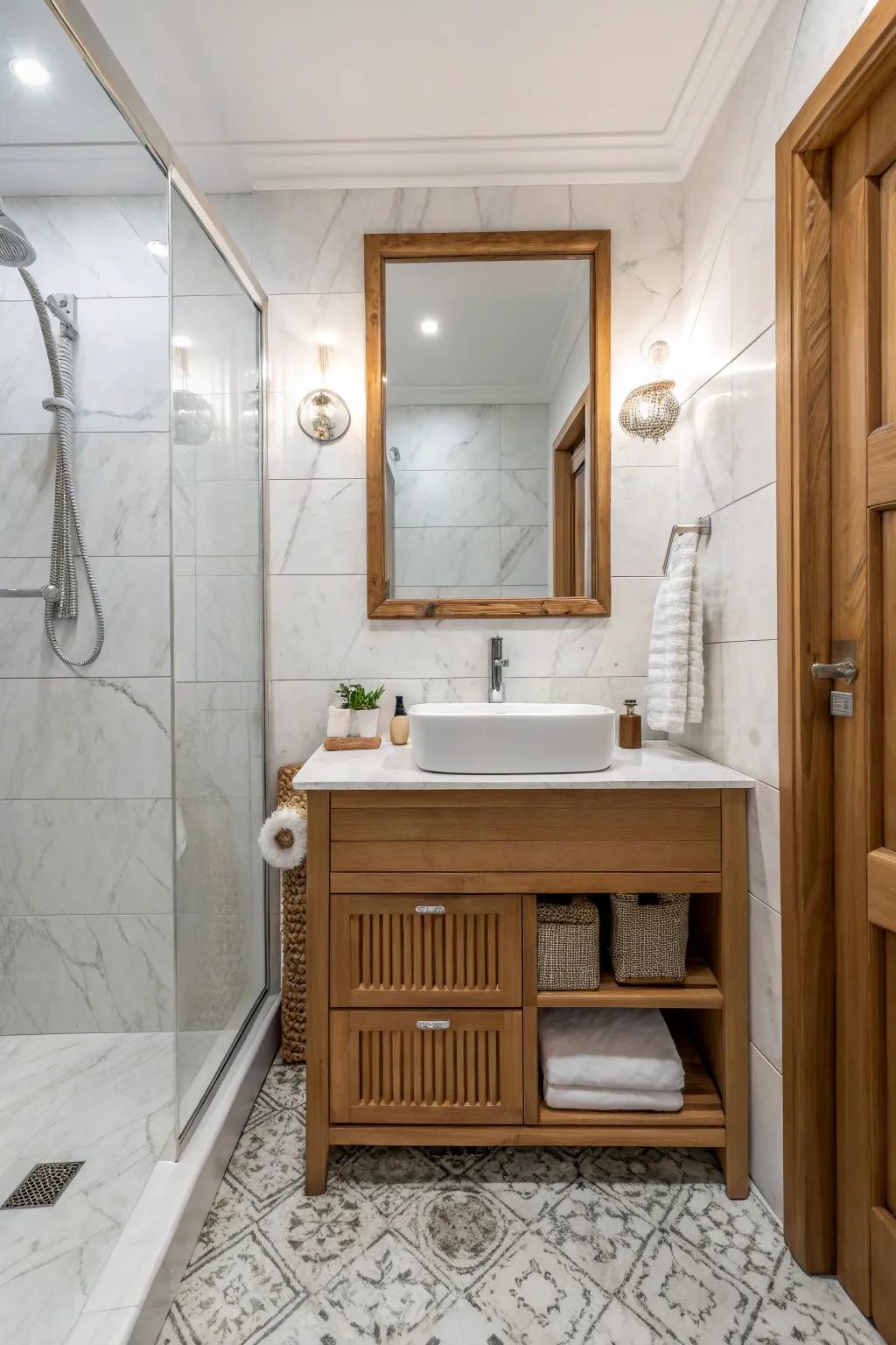 Wood elements add warmth and texture to marble settings.