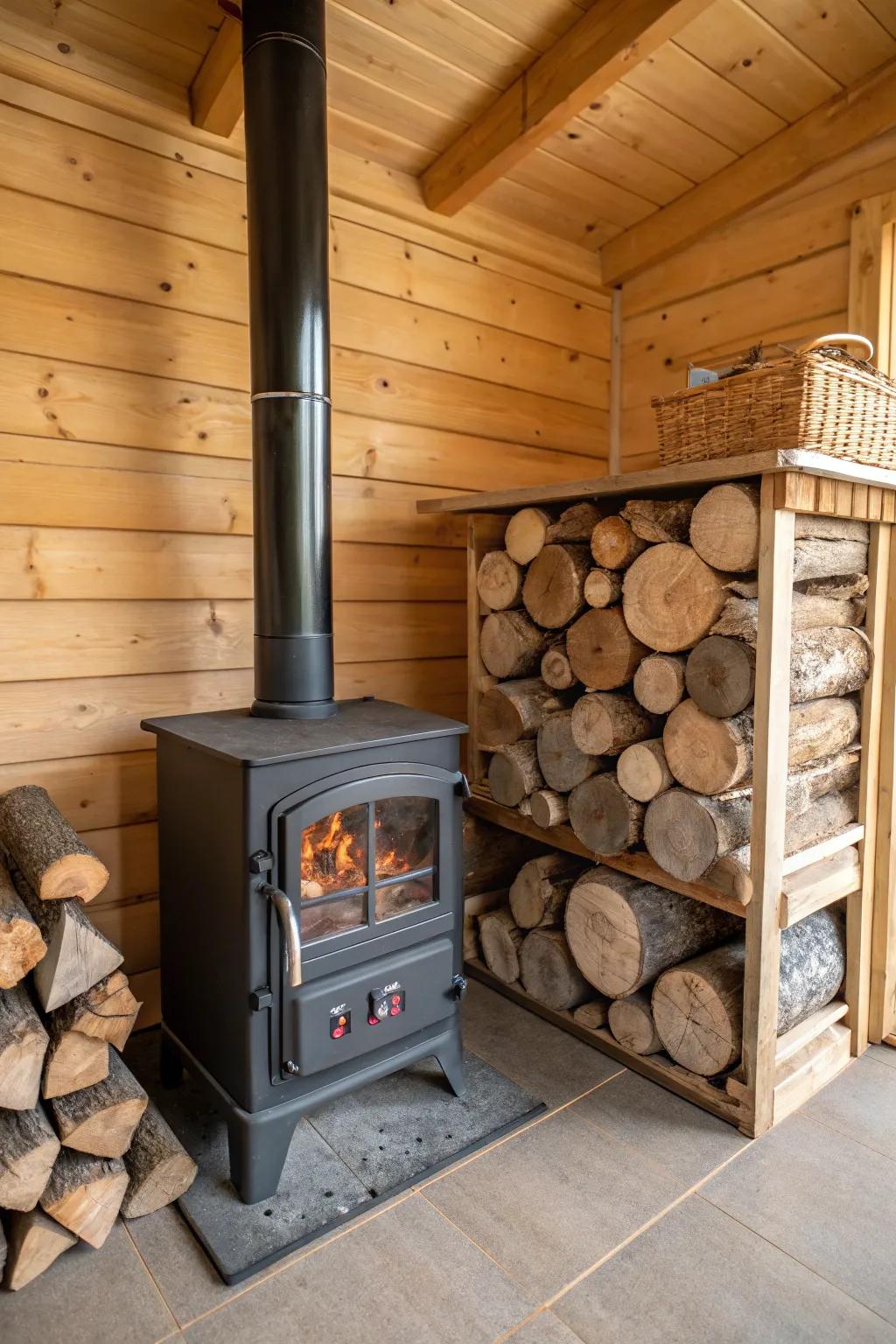 Built-in log storage turns firewood into a stylish and practical part of the decor.