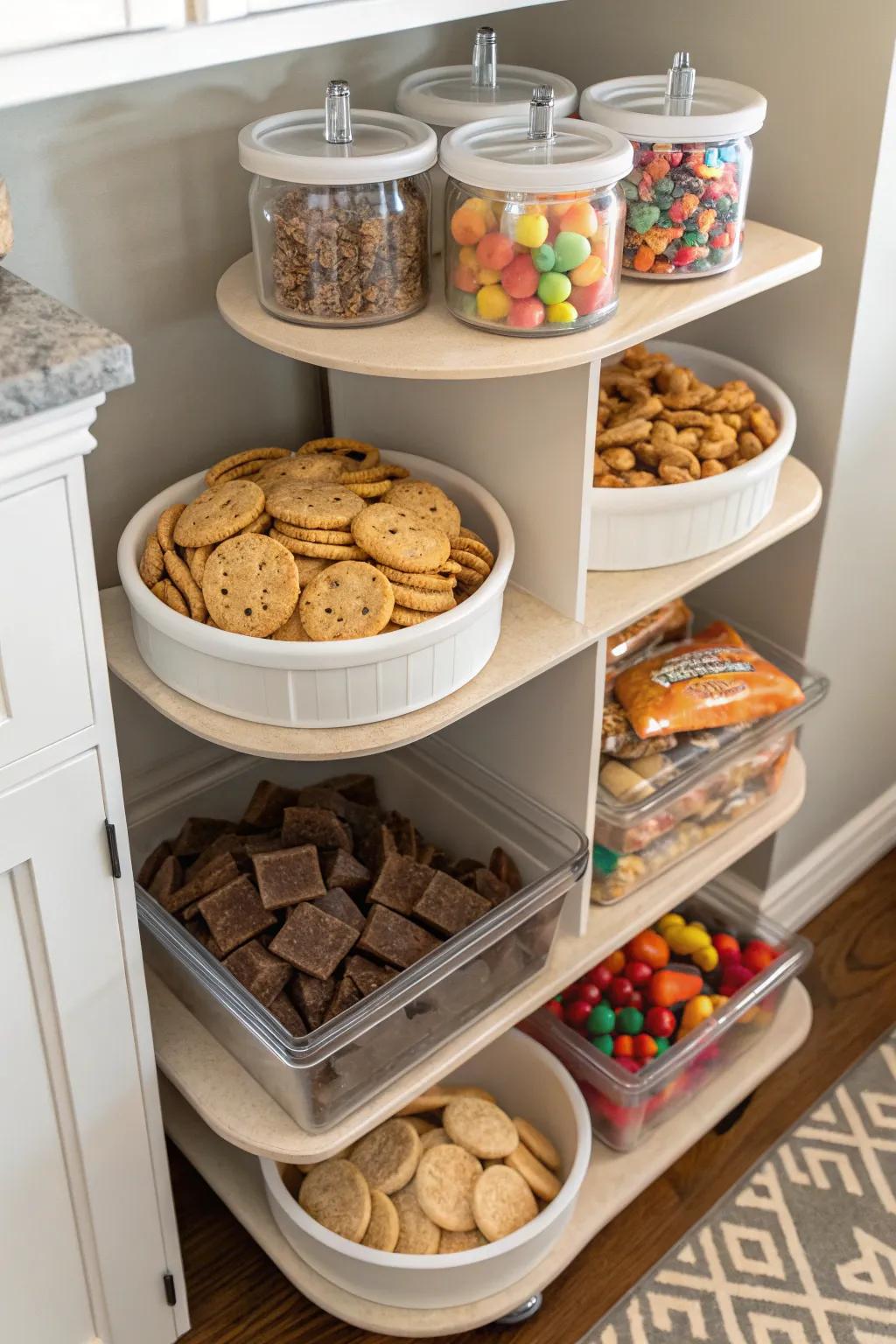 Multi-level storage maximizes space and maintains snack organization.