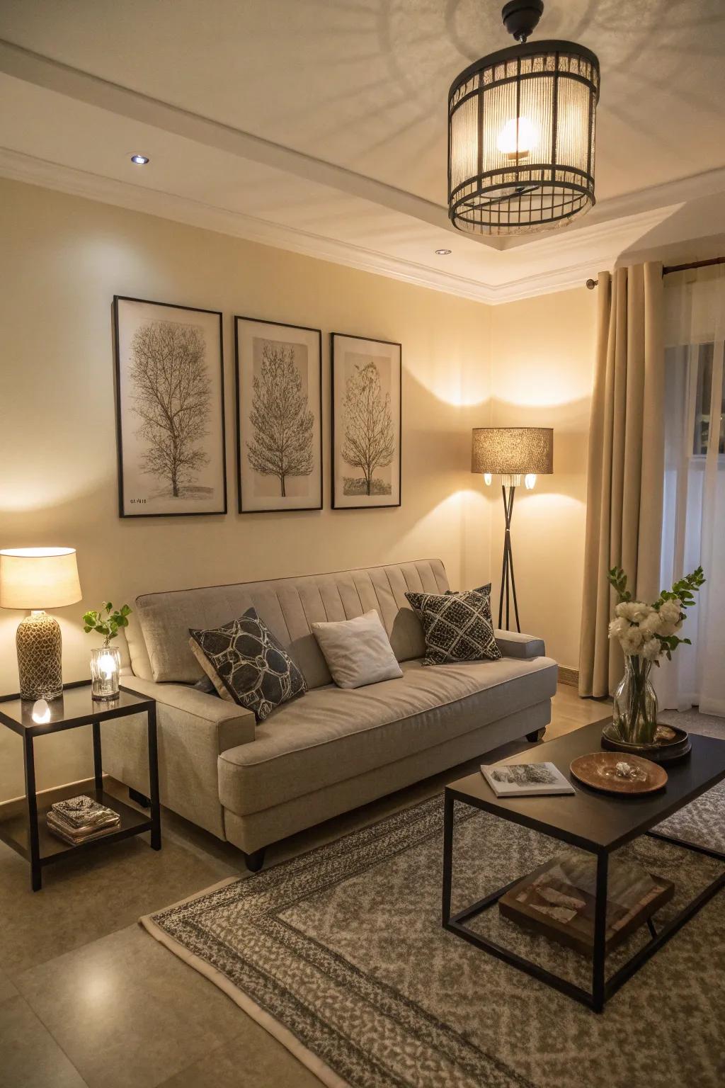 An elegant sleeper sofa in a small living room, perfect for accommodating guests.