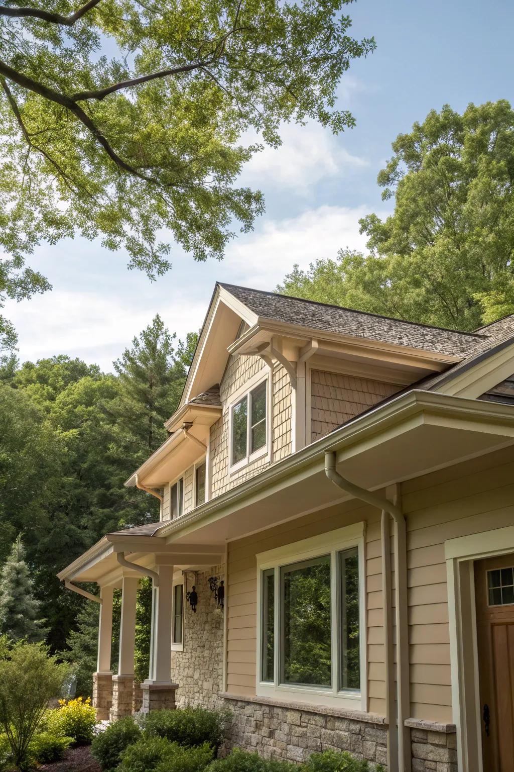 Earthy beige soffit and fascia offer a warm, inviting appeal.