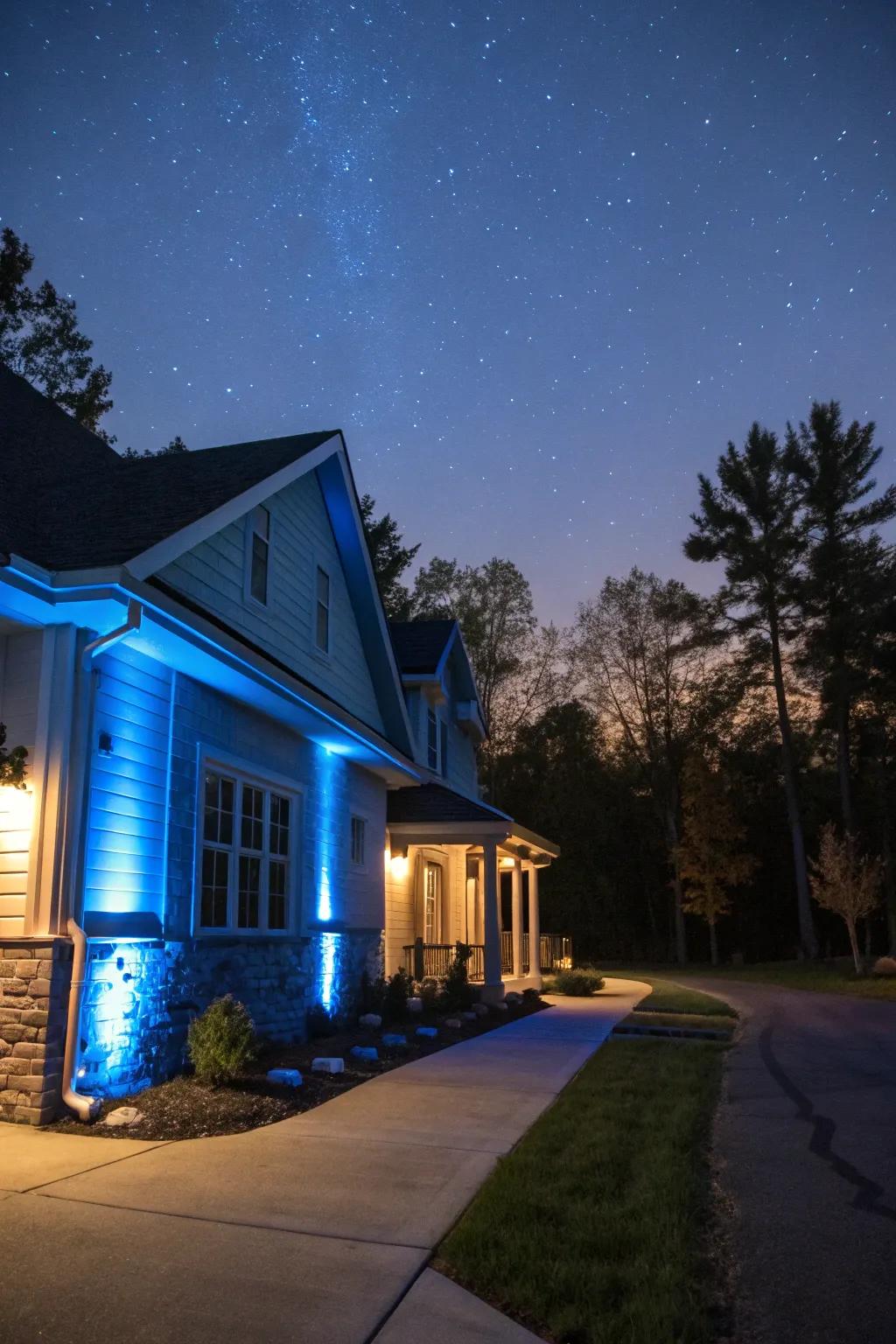 Delicate blue hidden lamps contribute a fun element to a home's exterior.