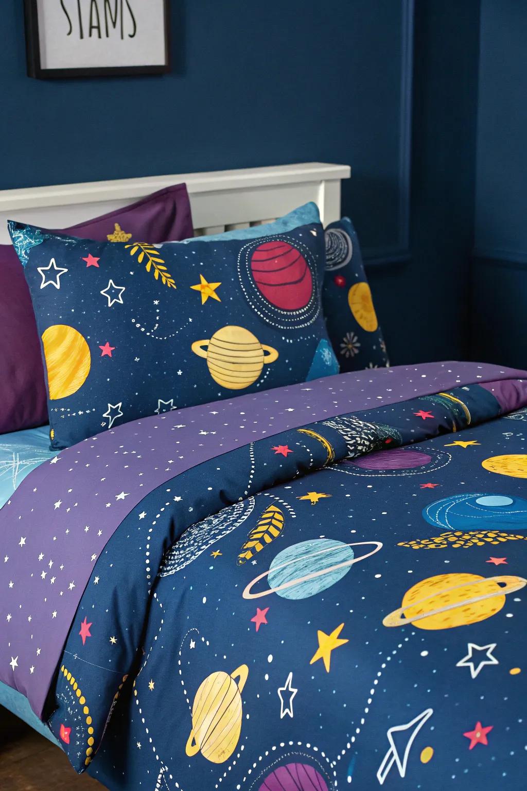 Orbital bedding animates the theme through brilliant hues and designs.