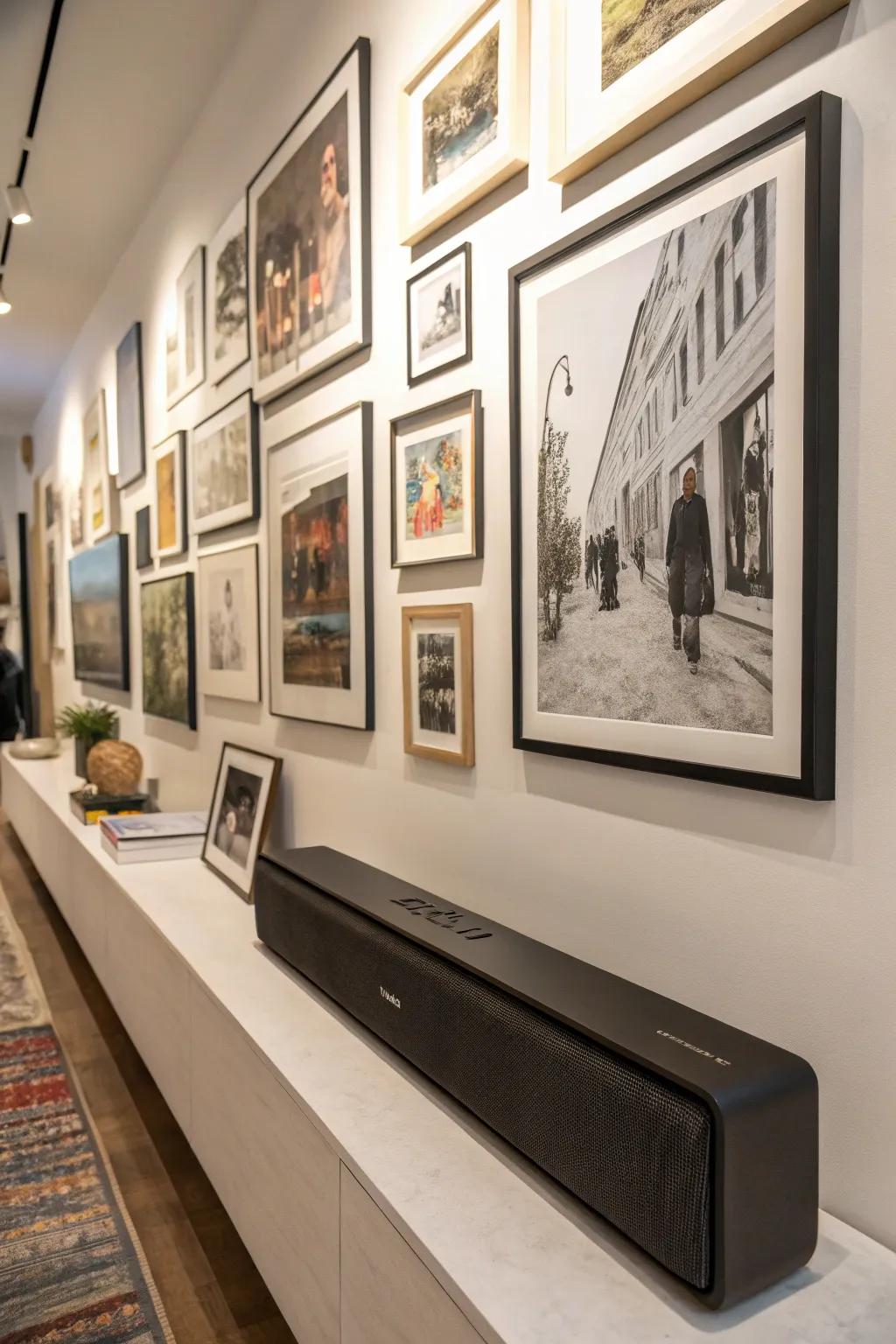 Audio bar smoothly integrated as part of an art display on the wall.