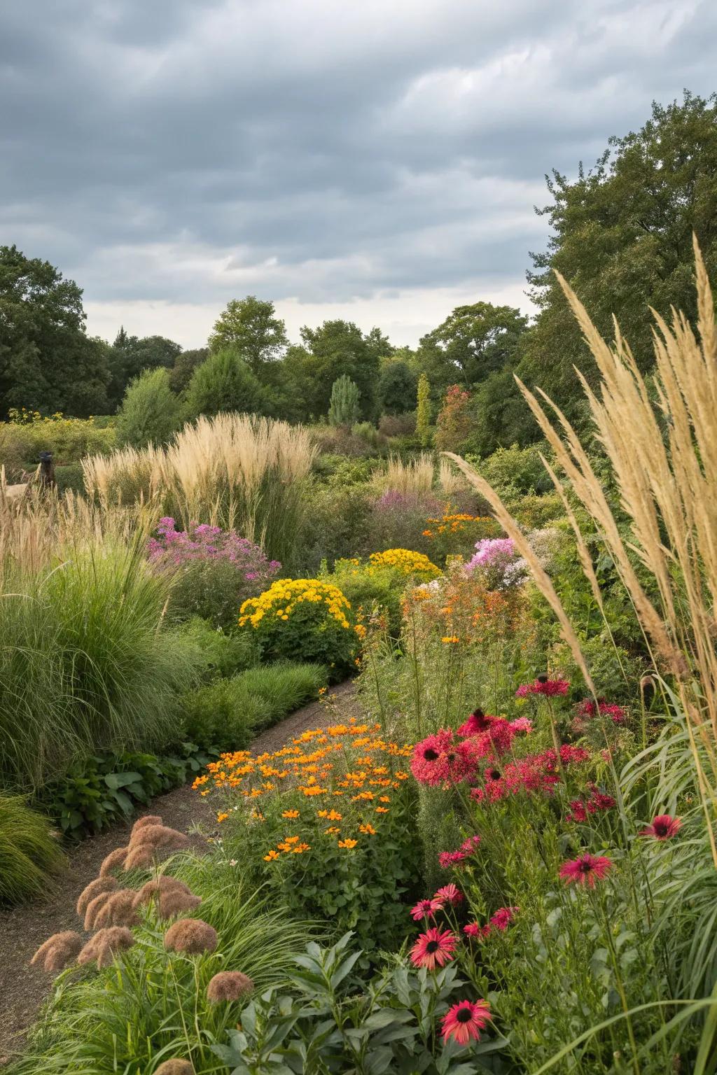 Varied plant designs highlighting towering grasses alongside vibrantly colored flowers.