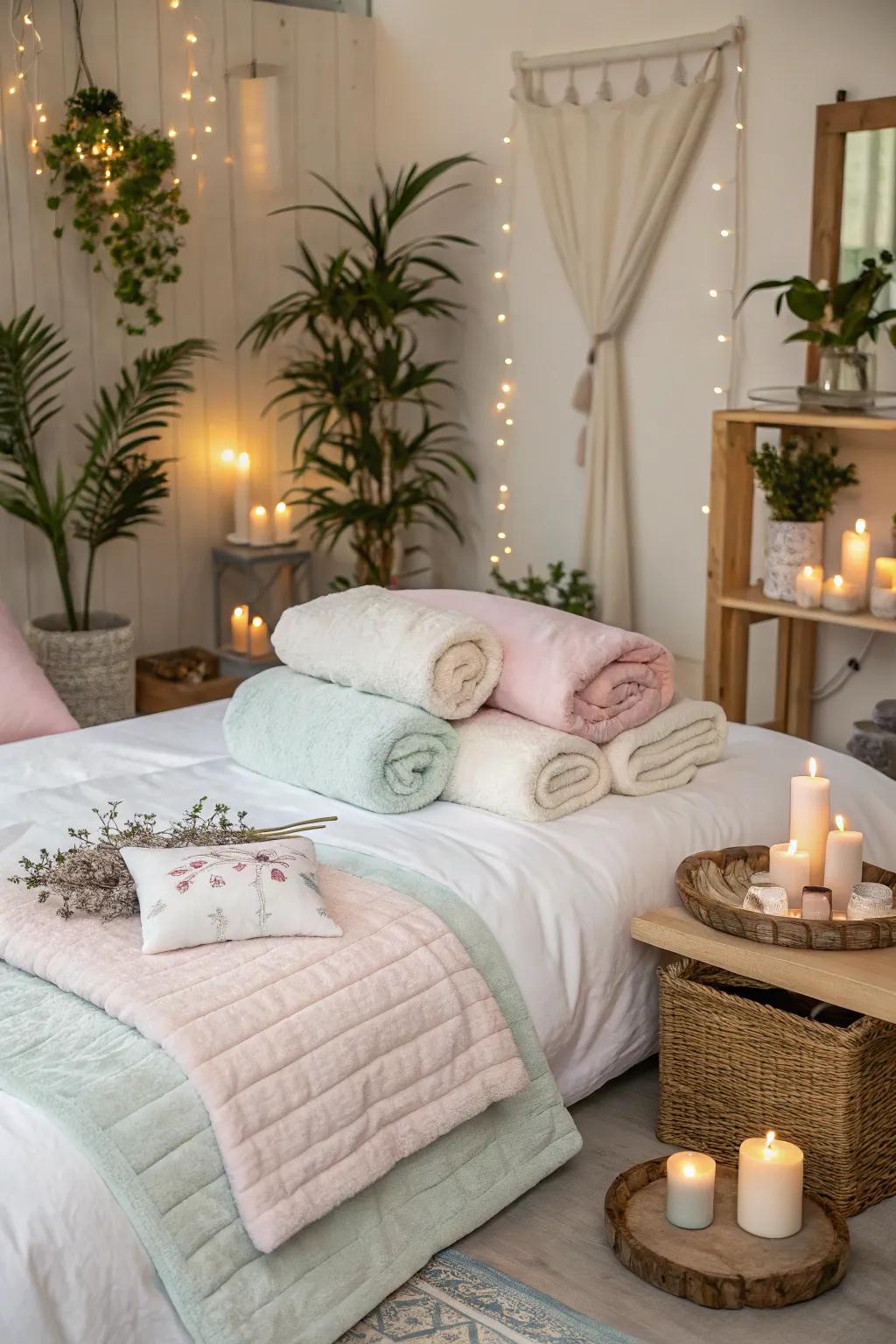 Cloud-like cushions and dreamy blankets crafting a spa sleepover dreamscape.