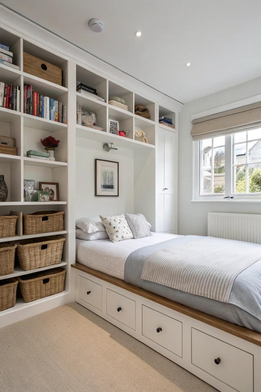 Integrated storage solutions maintain the stylish and tidy appearance of your bedroom.