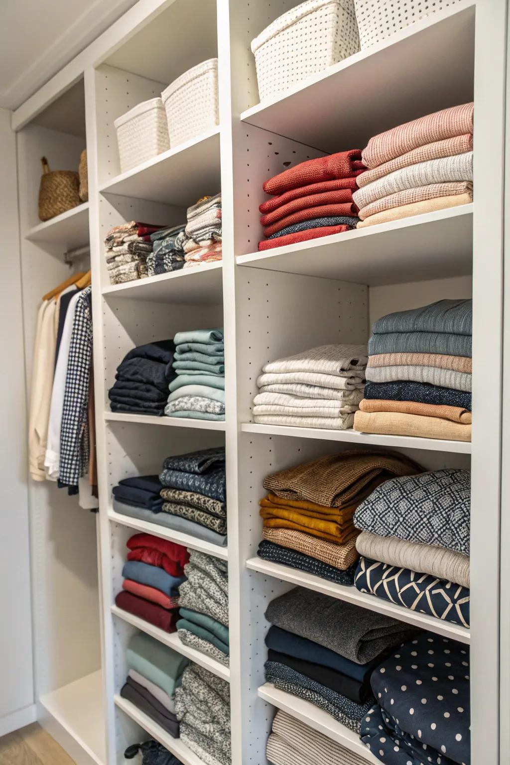 Shelf dividers ensure your closet remains organized, preventing stacks from mixing and collapsing.