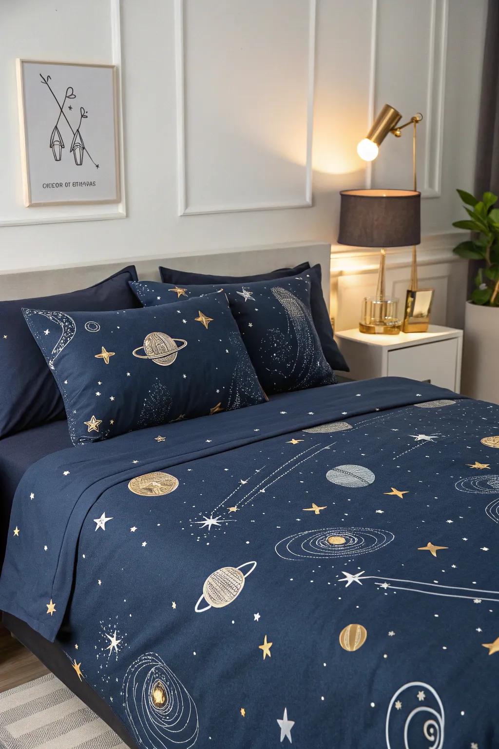 Space-age bedding introduces a cosmic element to your sleep haven.