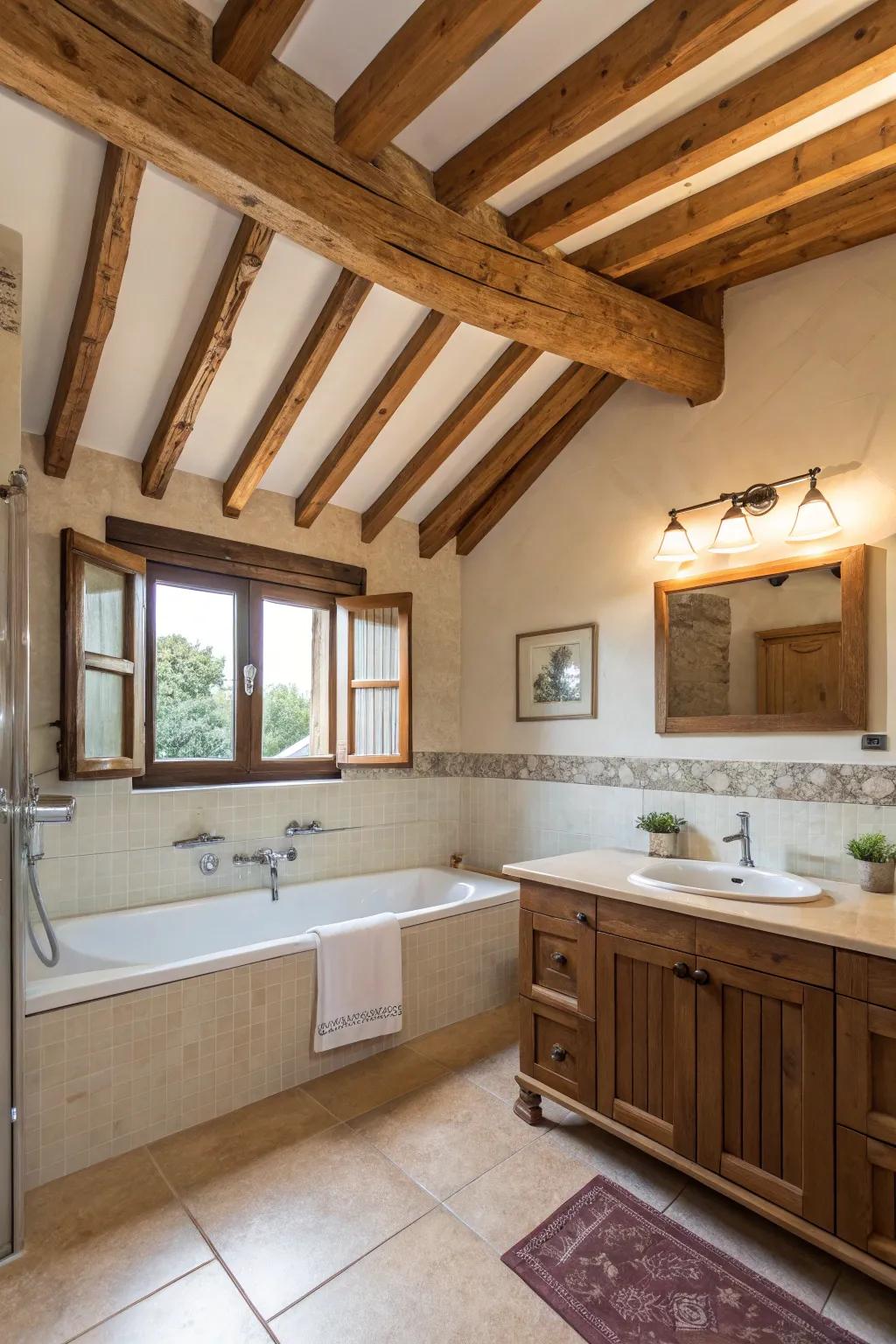 Uncovered wood supports bring a hint of countryside sophistication to a Spanish bathroom.