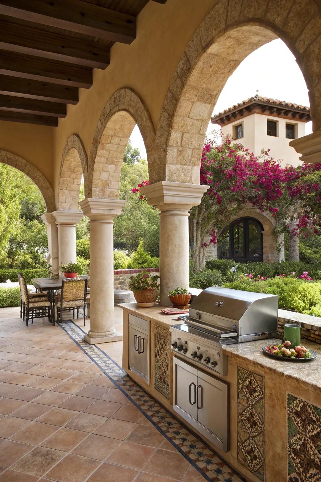 Sophisticated arches and pillars impart a classic Spanish charm to this outdoor kitchen.
