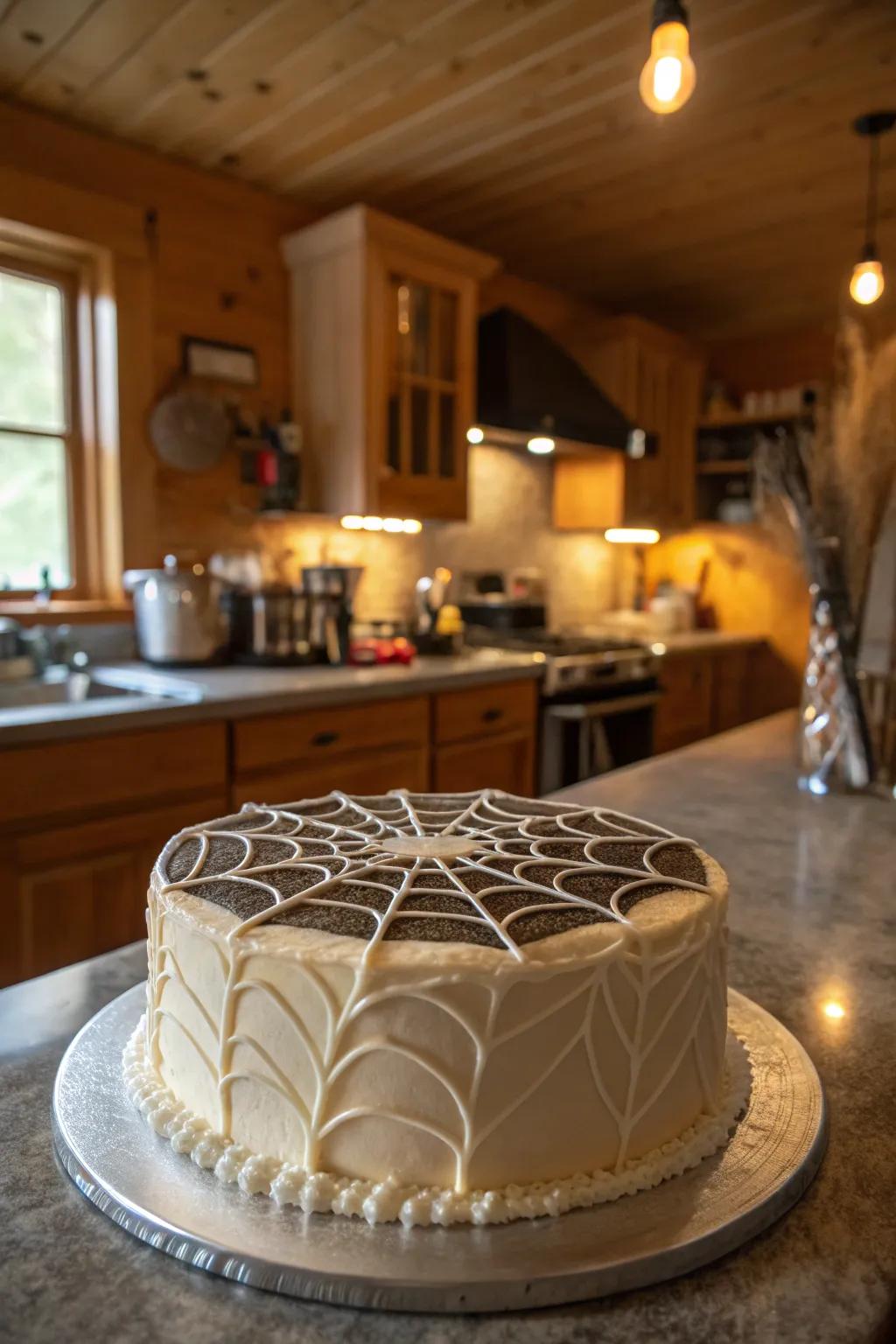 A cake decorated with an exquisite spider web design.