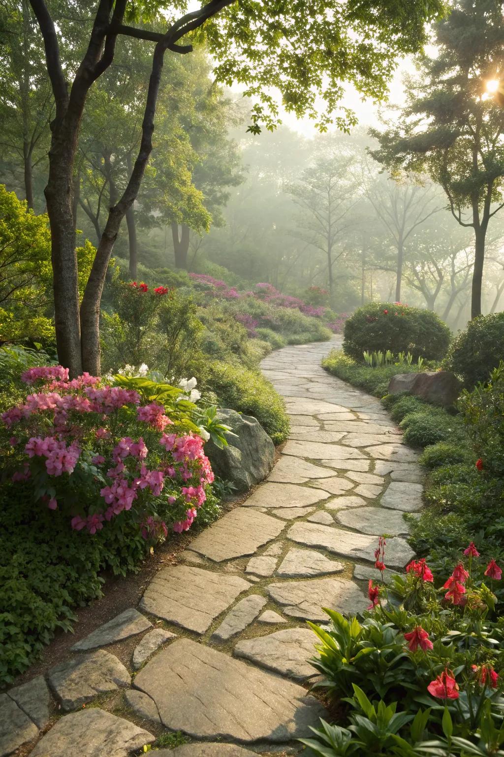 A countryside rock trail guides the way through an opulent garden, inviting exploration.